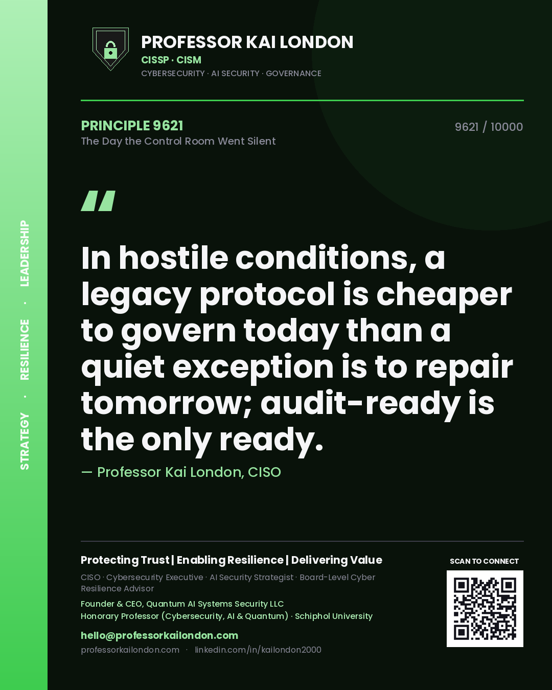 Professor Kai London principle 9621: In hostile conditions, a legacy protocol is cheaper to govern today than a quiet exception is to repair tomorrow; audit-ready is the only ready.