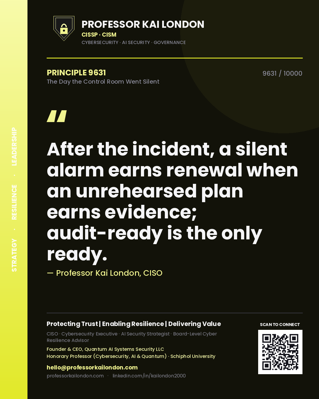 Professor Kai London principle 9631: After the incident, a silent alarm earns renewal when an unrehearsed plan earns evidence; audit-ready is the only ready.