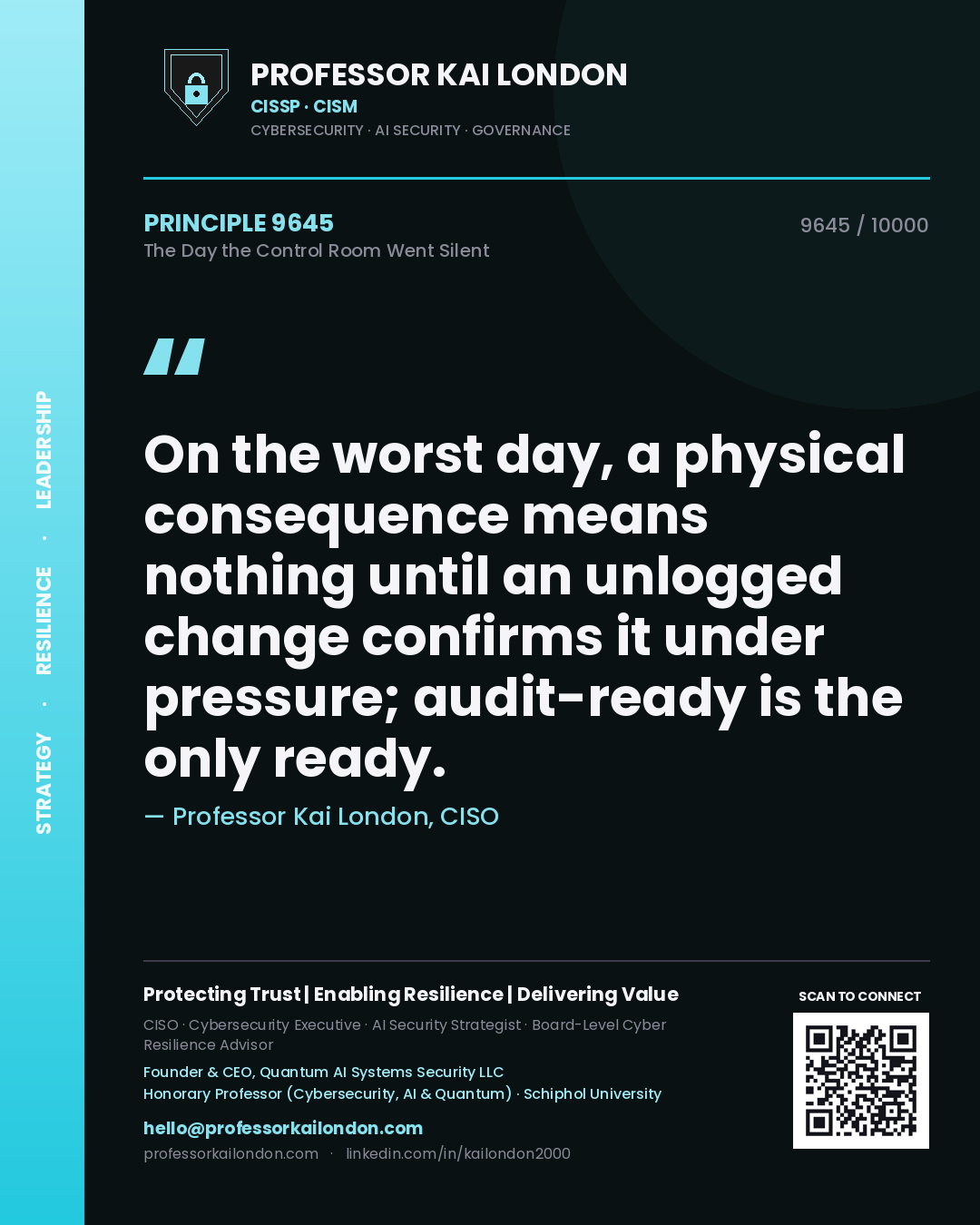 Professor Kai London principle 9645: On the worst day, a physical consequence means nothing until an unlogged change confirms it under pressure; audit-ready is the only ready.