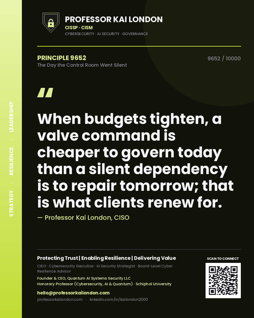 Professor Kai London principle 9652: When budgets tighten, a valve command is cheaper to govern today than a silent dependency is to repair tomorrow; that is what clients renew for.