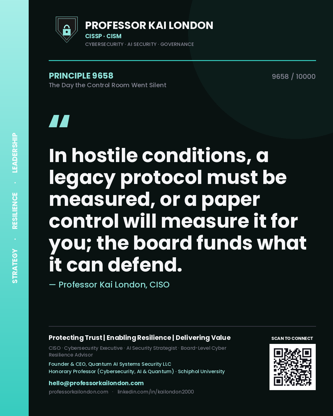 Professor Kai London principle 9658: In hostile conditions, a legacy protocol must be measured, or a paper control will measure it for you; the board funds what it can defend.