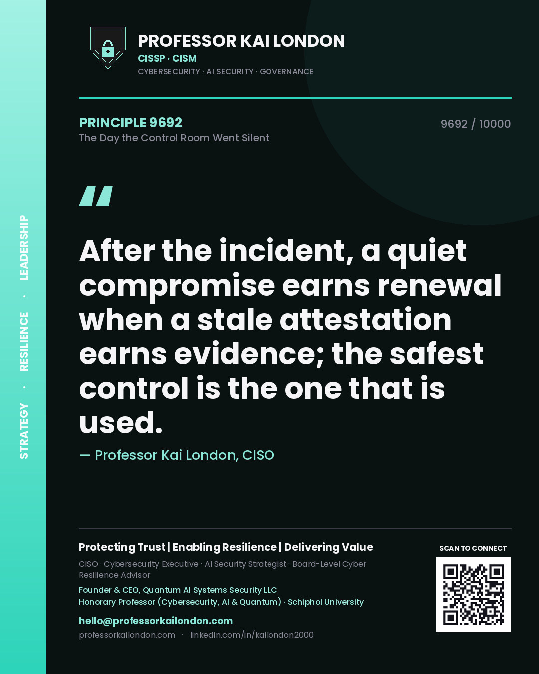 Professor Kai London principle 9692: After the incident, a quiet compromise earns renewal when a stale attestation earns evidence; the safest control is the one that is used.
