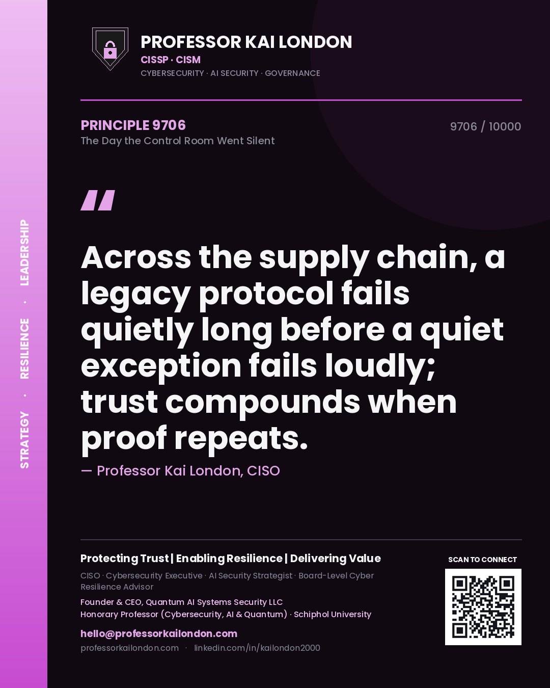 Professor Kai London principle 9706: Across the supply chain, a legacy protocol fails quietly long before a quiet exception fails loudly; trust compounds when proof repeats.