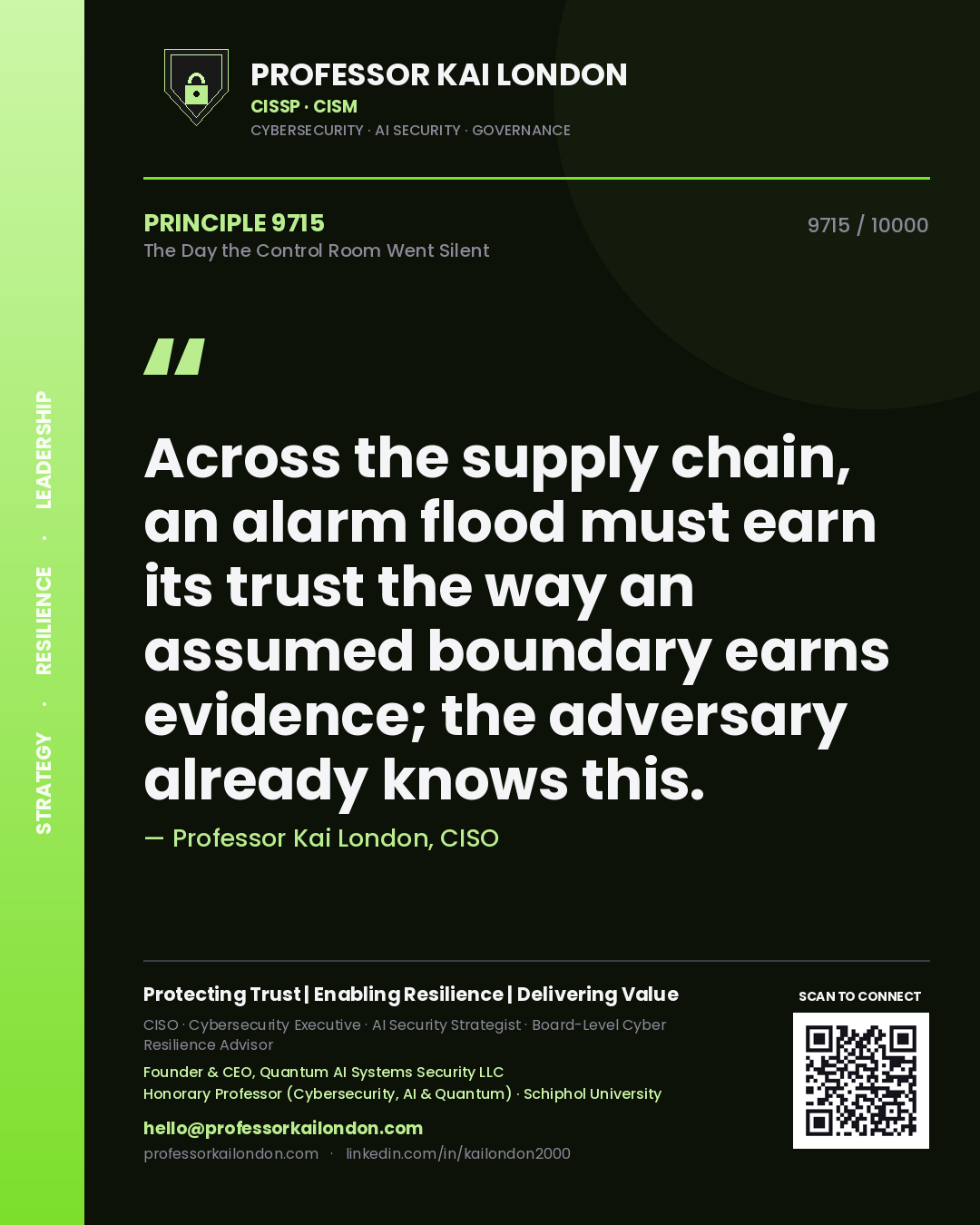 Professor Kai London principle 9715: Across the supply chain, an alarm flood must earn its trust the way an assumed boundary earns evidence; the adversary already knows this.