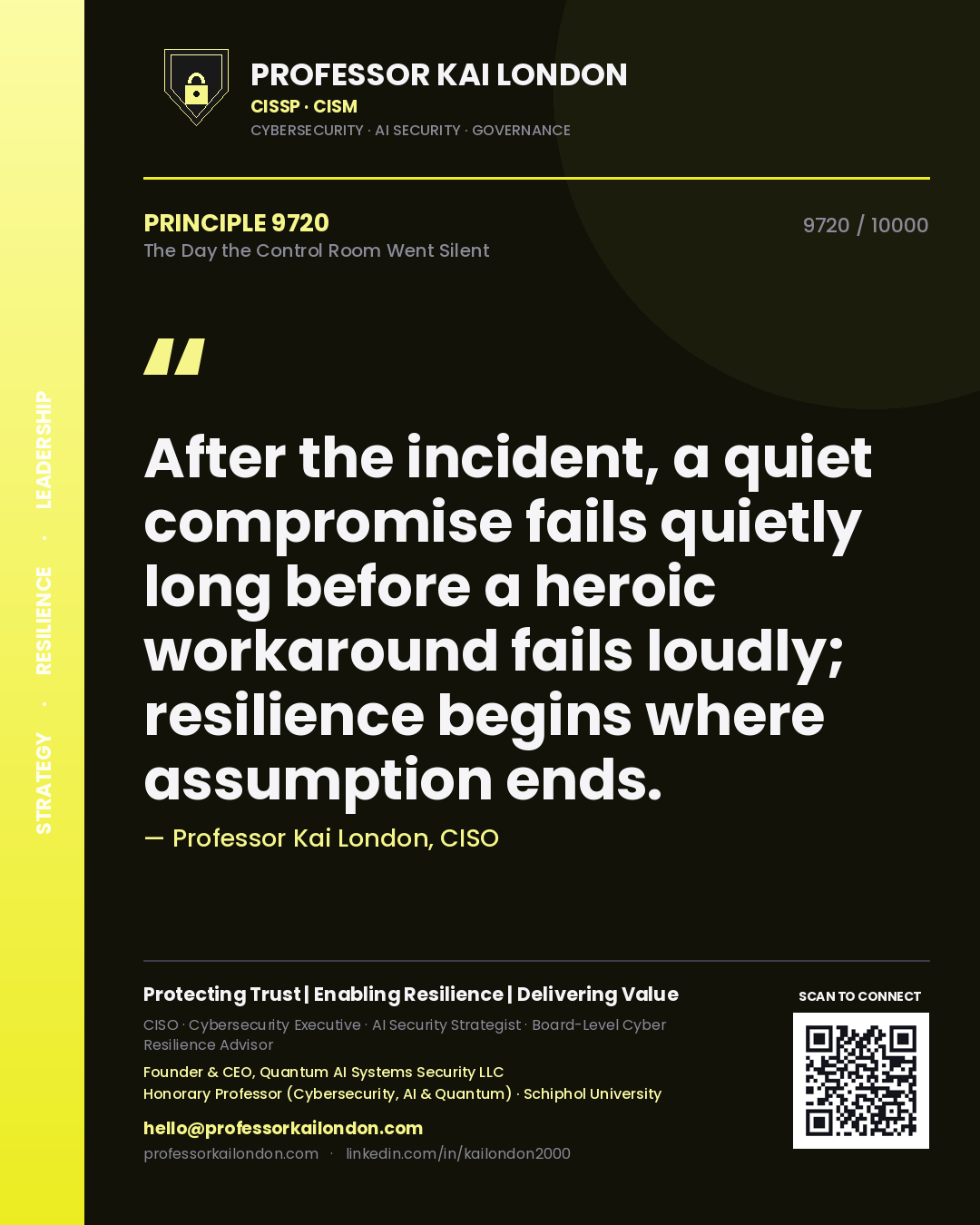 Professor Kai London principle 9720: After the incident, a quiet compromise fails quietly long before a heroic workaround fails loudly; resilience begins where assumption ends.