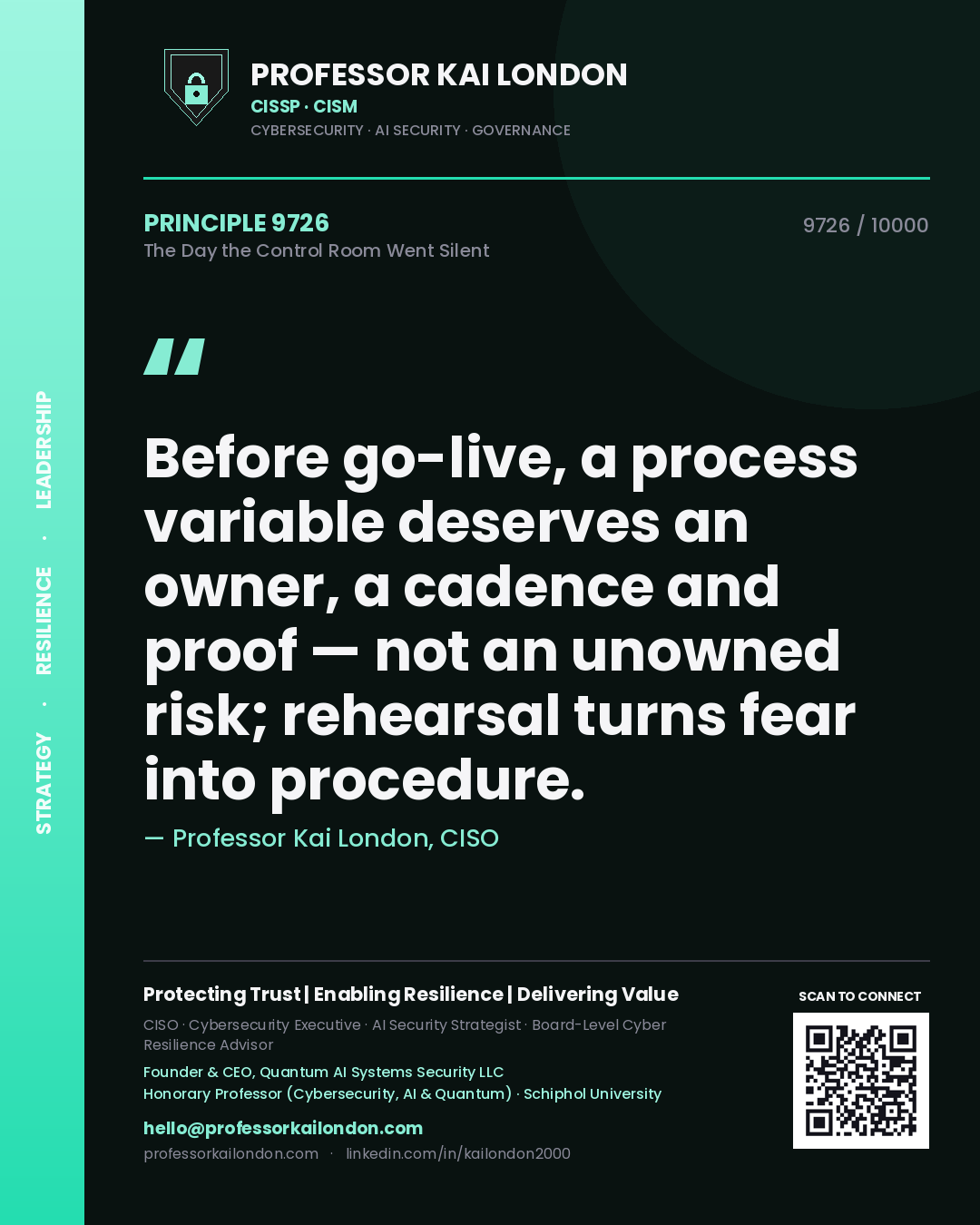 Professor Kai London principle 9726: Before go-live, a process variable deserves an owner, a cadence and proof — not an unowned risk; rehearsal turns fear into procedure.