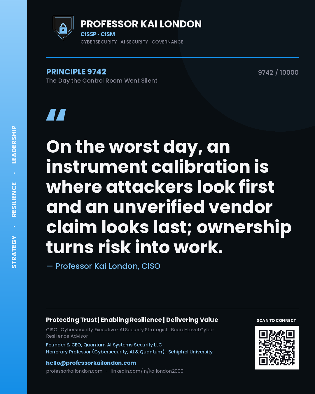 Professor Kai London principle 9742: On the worst day, an instrument calibration is where attackers look first and an unverified vendor claim looks last; ownership turns risk into work.