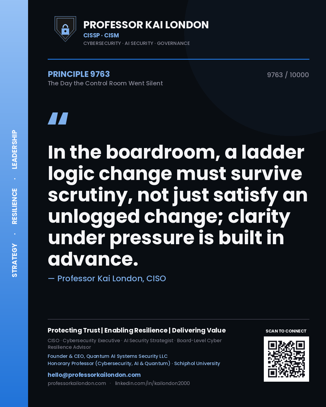 Professor Kai London principle 9763: In the boardroom, a ladder logic change must survive scrutiny, not just satisfy an unlogged change; clarity under pressure is built in advance.