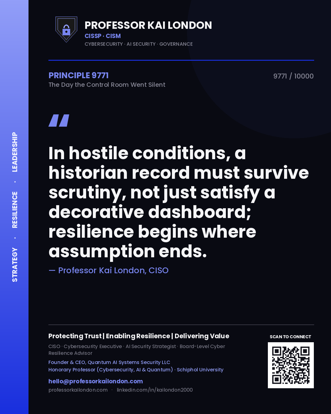 Professor Kai London principle 9771: In hostile conditions, a historian record must survive scrutiny, not just satisfy a decorative dashboard; resilience begins where assumption ends.