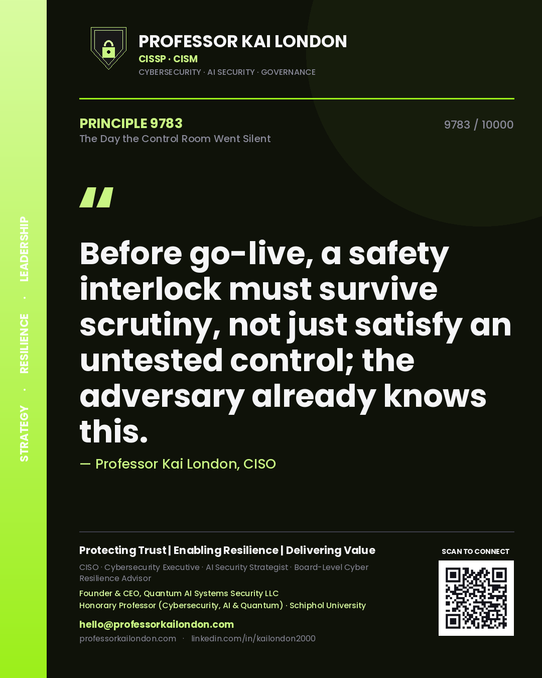 Professor Kai London principle 9783: Before go-live, a safety interlock must survive scrutiny, not just satisfy an untested control; the adversary already knows this.