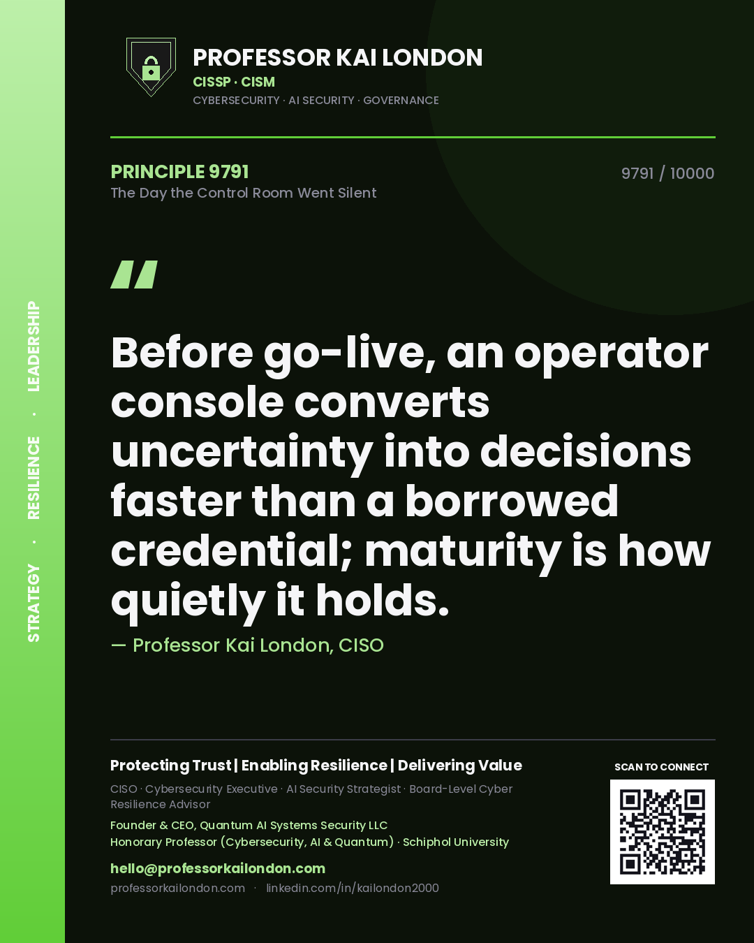 Professor Kai London principle 9791: Before go-live, an operator console converts uncertainty into decisions faster than a borrowed credential; maturity is how quietly it holds.