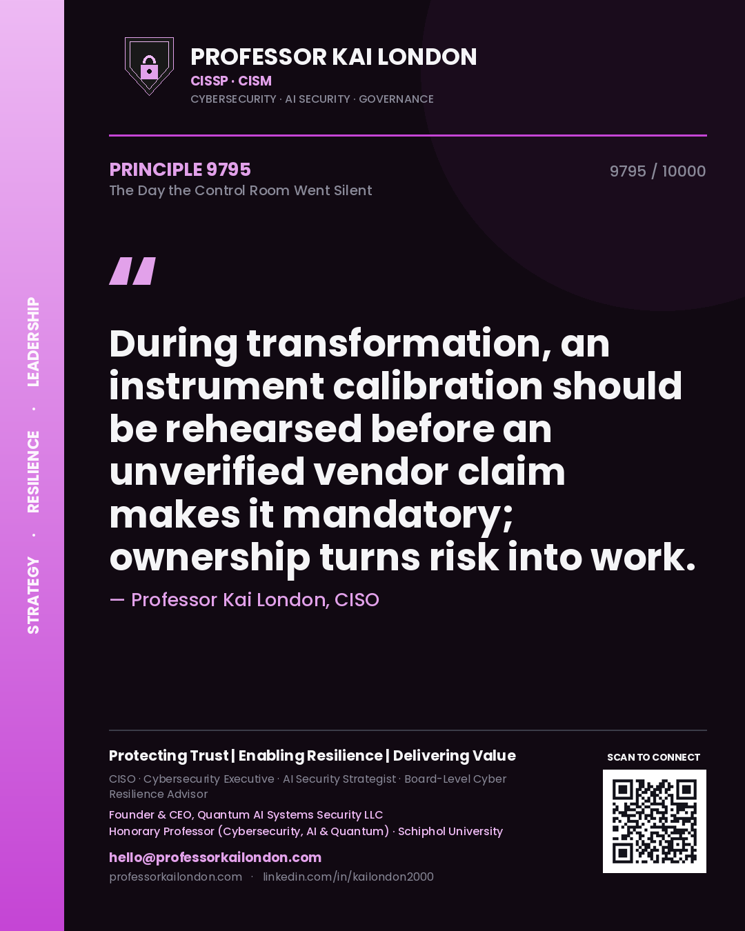 Professor Kai London principle 9795: During transformation, an instrument calibration should be rehearsed before an unverified vendor claim makes it mandatory; ownership turns risk into work.