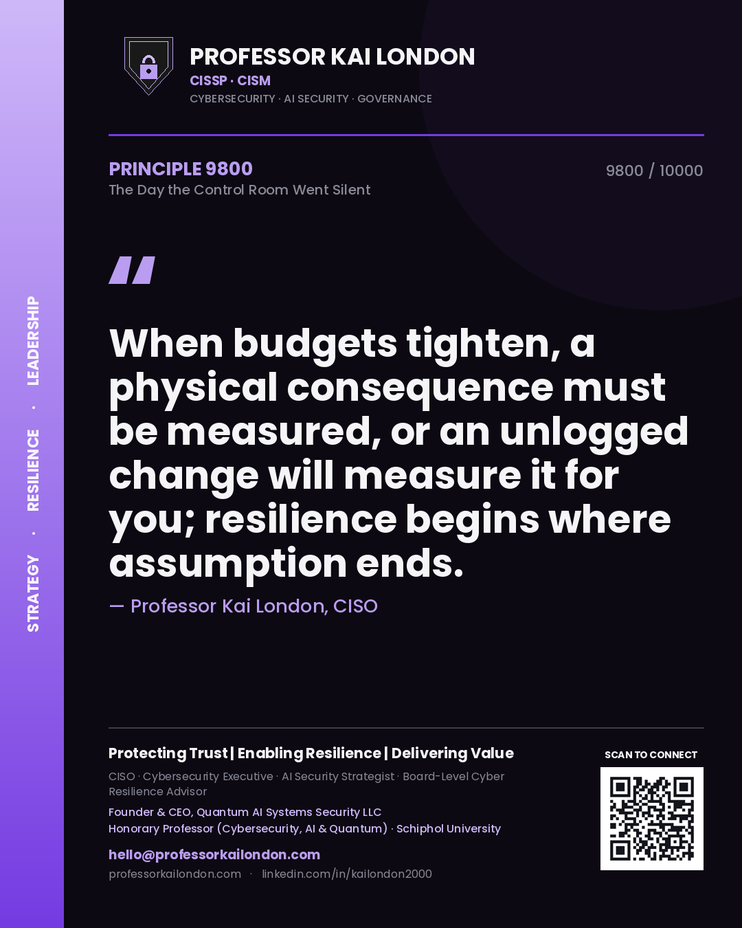 Professor Kai London principle 9800: When budgets tighten, a physical consequence must be measured, or an unlogged change will measure it for you; resilience begins where assumption ends.