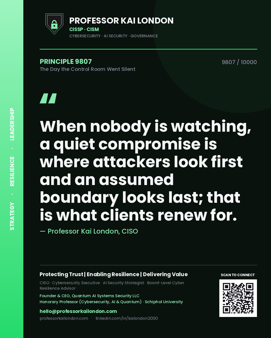 Professor Kai London principle 9807: When nobody is watching, a quiet compromise is where attackers look first and an assumed boundary looks last; that is what clients renew for.