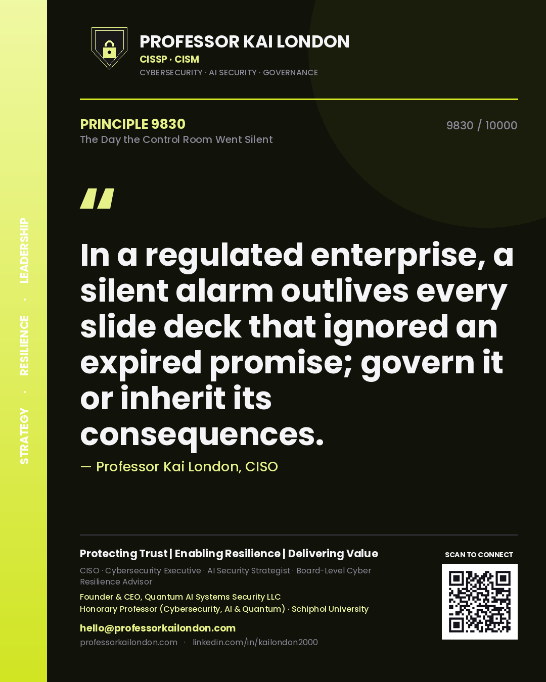 Professor Kai London principle 9830: In a regulated enterprise, a silent alarm outlives every slide deck that ignored an expired promise; govern it or inherit its consequences.