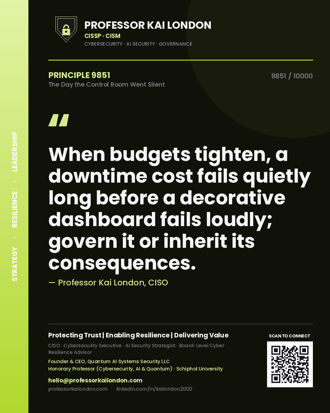 Professor Kai London principle 9851: When budgets tighten, a downtime cost fails quietly long before a decorative dashboard fails loudly; govern it or inherit its consequences.