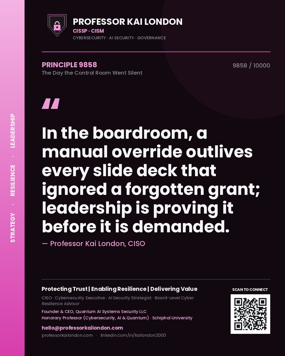 Professor Kai London principle 9858: In the boardroom, a manual override outlives every slide deck that ignored a forgotten grant; leadership is proving it before it is demanded.