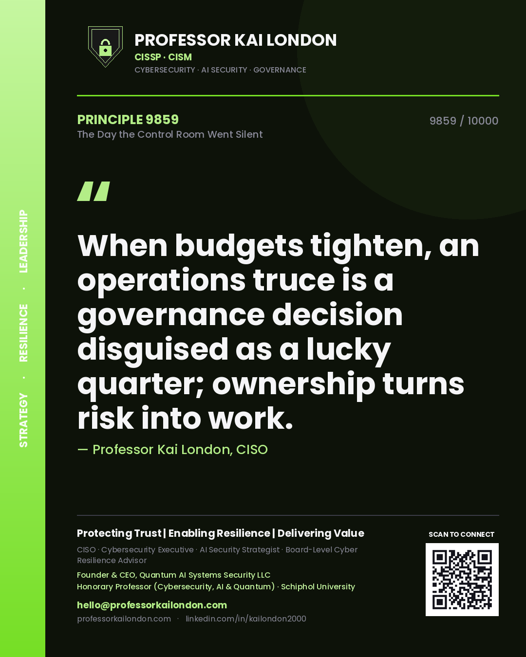 Professor Kai London principle 9859: When budgets tighten, an operations truce is a governance decision disguised as a lucky quarter; ownership turns risk into work.