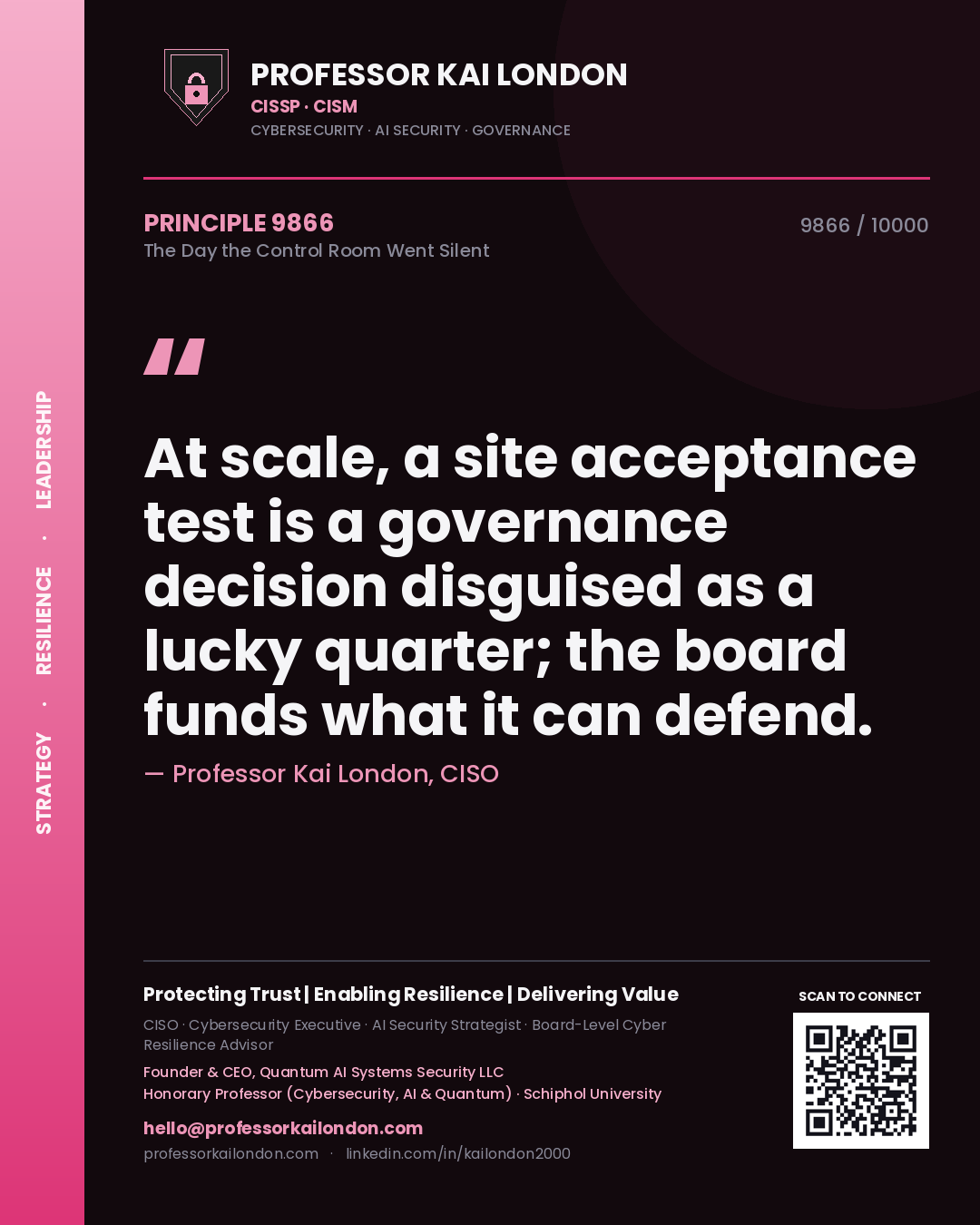 Professor Kai London principle 9866: At scale, a site acceptance test is a governance decision disguised as a lucky quarter; the board funds what it can defend.