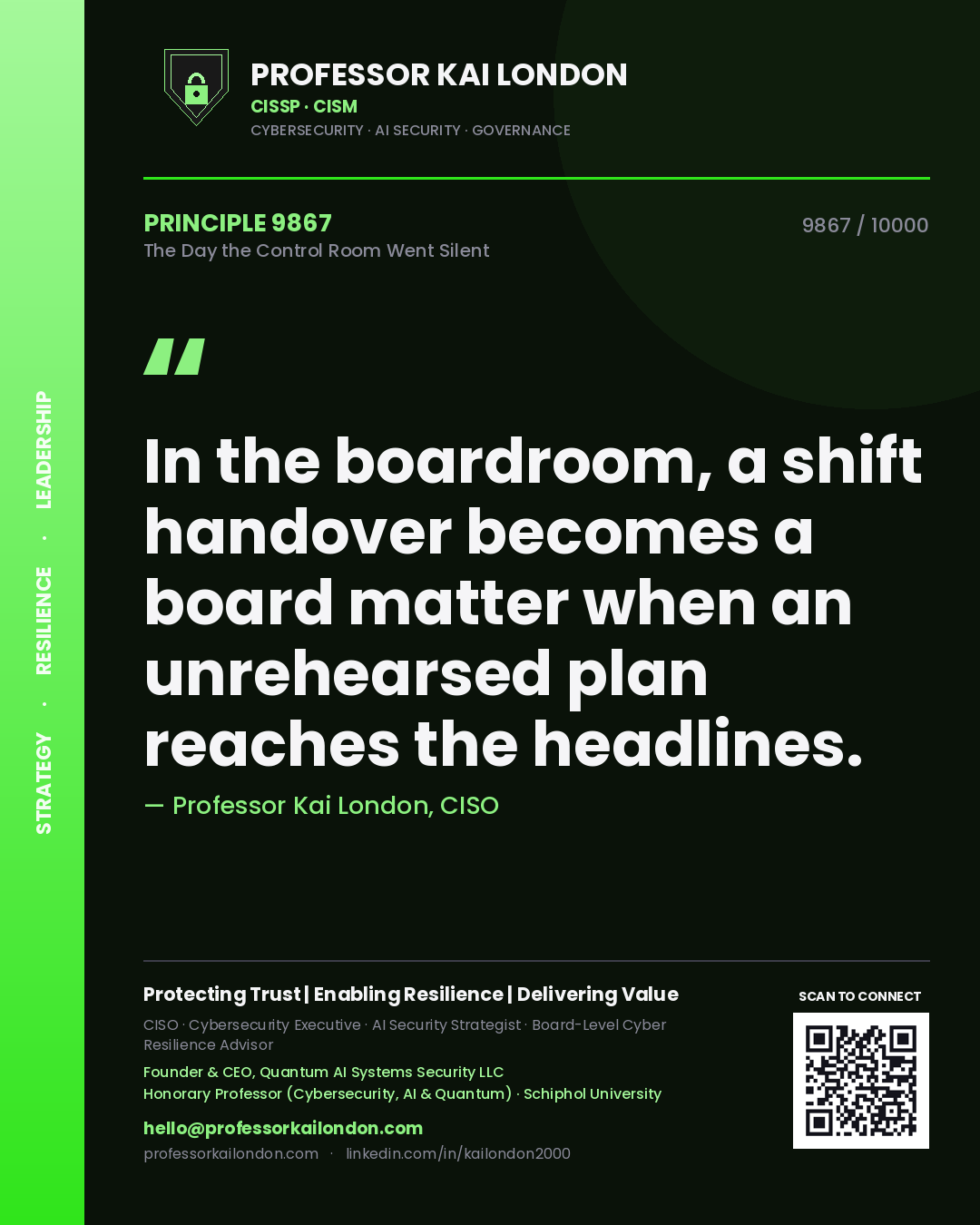 Professor Kai London principle 9867: In the boardroom, a shift handover becomes a board matter when an unrehearsed plan reaches the headlines.