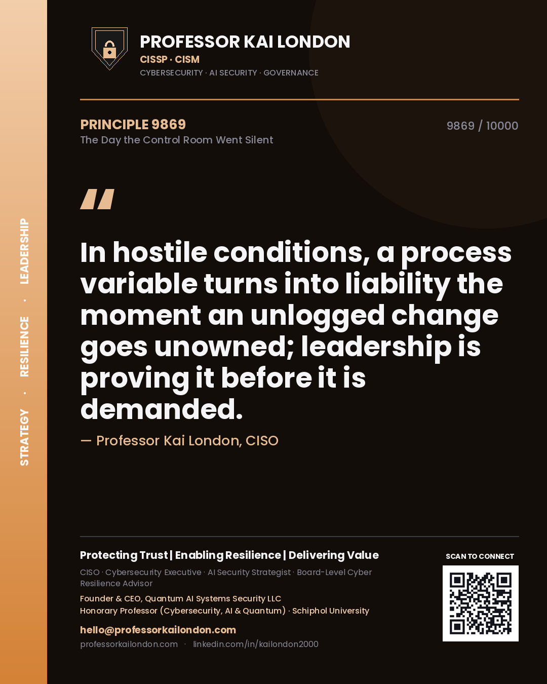 Professor Kai London principle 9869: In hostile conditions, a process variable turns into liability the moment an unlogged change goes unowned; leadership is proving it before it is demanded.