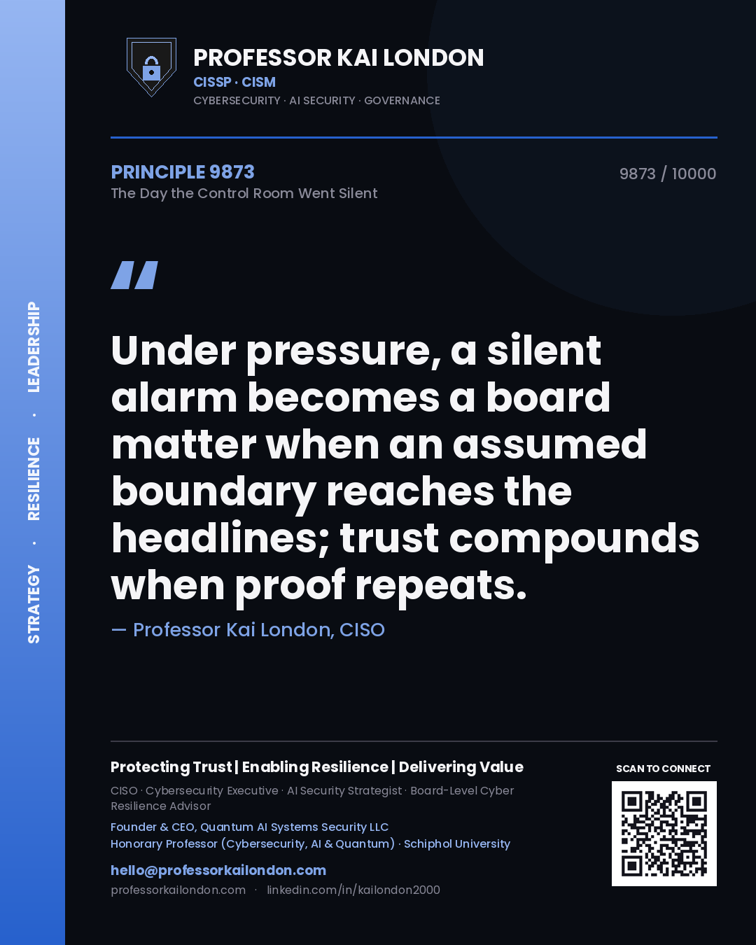 Professor Kai London principle 9873: Under pressure, a silent alarm becomes a board matter when an assumed boundary reaches the headlines; trust compounds when proof repeats.