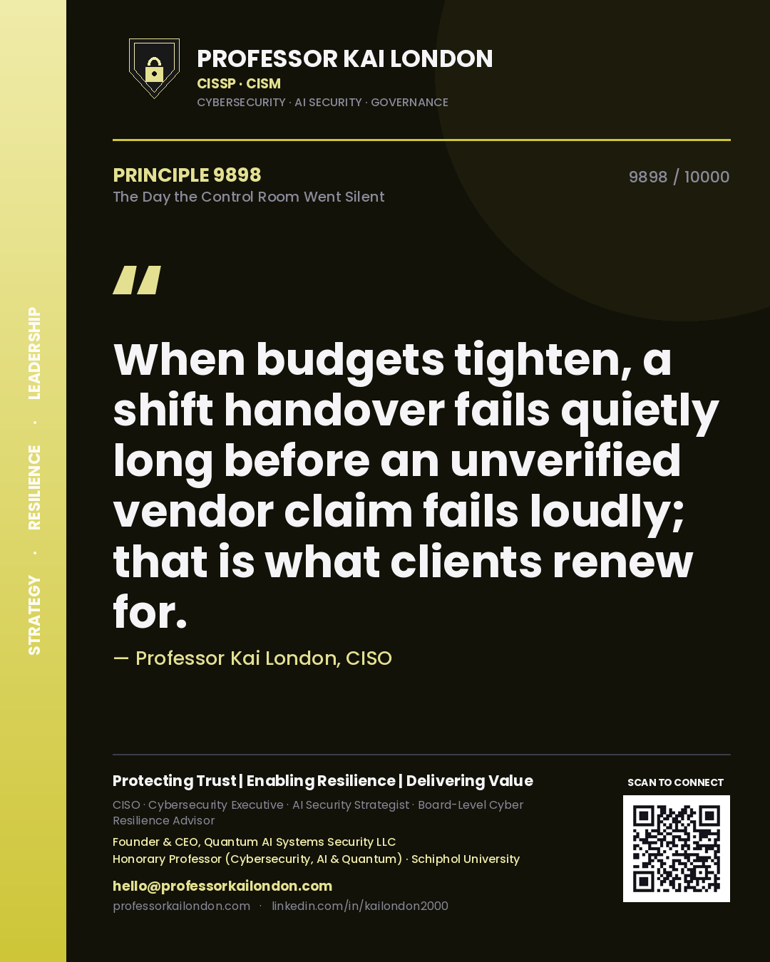 Professor Kai London principle 9898: When budgets tighten, a shift handover fails quietly long before an unverified vendor claim fails loudly; that is what clients renew for.