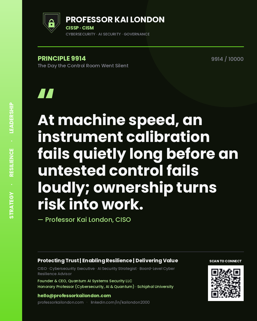 Quote card by Professor Kai London reading 'At machine speed, an instrument calibration fails quietly long before an untested control fails loudly; ownership turns risk into work.'. From the book The Day the Control Room Went Silent.