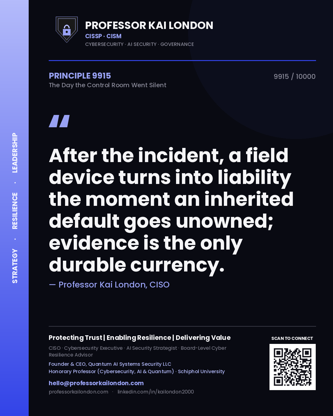 Quote card by Professor Kai London reading 'After the incident, a field device turns into liability the moment an inherited default goes unowned; evidence is the only durable currency.'. From the book The Day the Control Room Went Silent.