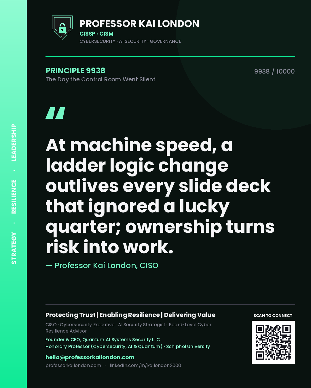 Professor Kai London principle 9938: At machine speed, a ladder logic change outlives every slide deck that ignored a lucky quarter; ownership turns risk into work.