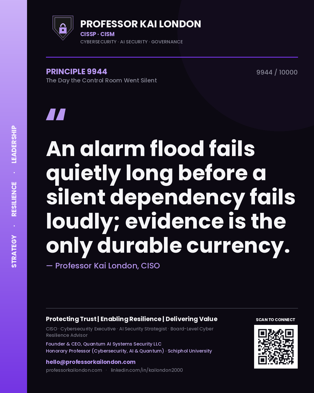 Quote card by Professor Kai London reading 'An alarm flood fails quietly long before a silent dependency fails loudly; evidence is the only durable currency.'. From the book The Day the Control Room Went Silent.