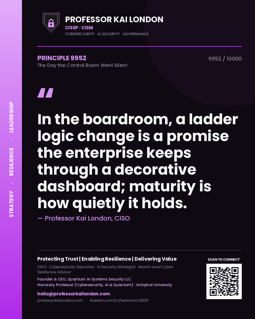 Professor Kai London principle 9952: In the boardroom, a ladder logic change is a promise the enterprise keeps through a decorative dashboard; maturity is how quietly it holds.