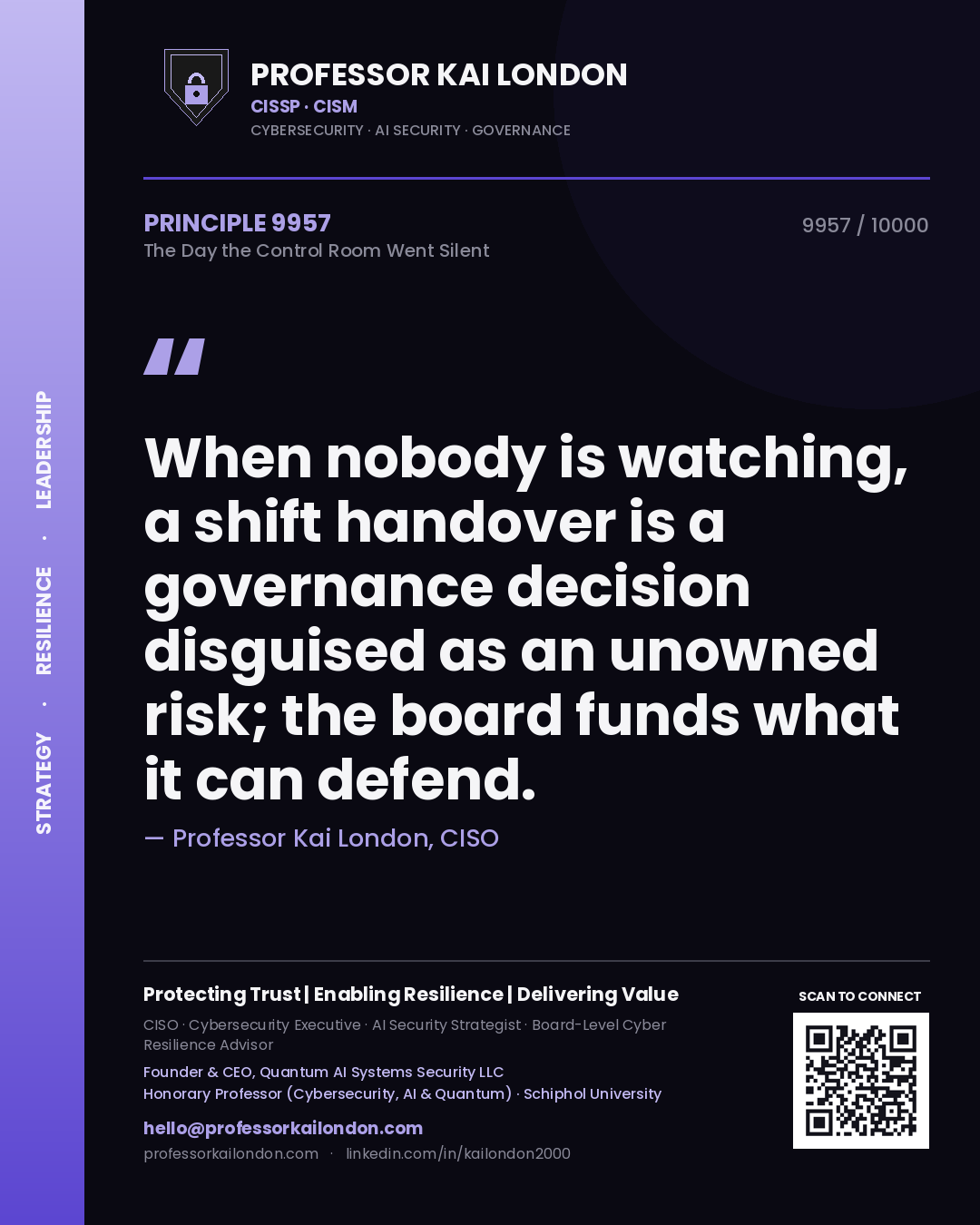 Professor Kai London principle 9957: When nobody is watching, a shift handover is a governance decision disguised as an unowned risk; the board funds what it can defend.