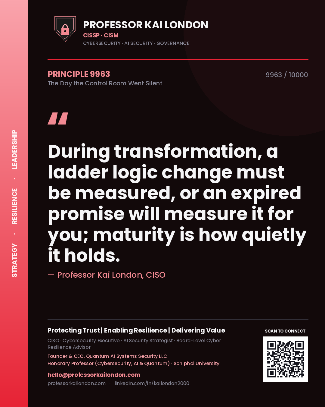 Quote card by Professor Kai London reading 'During transformation, a ladder logic change must be measured, or an expired promise will measure it for you; maturity is how quietly it holds.'. From the book The Day the Control Room Went Silent.
