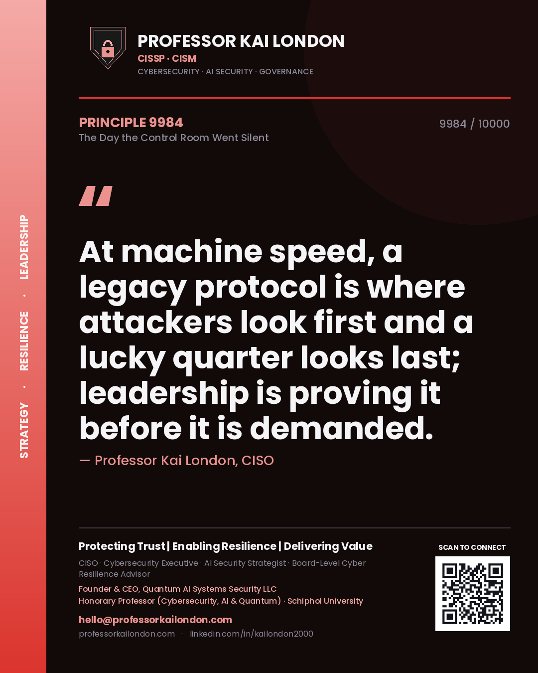 Quote card by Professor Kai London reading 'At machine speed, a legacy protocol is where attackers look first and a lucky quarter looks last; leadership is proving it before it is demanded.'. From the book The Day the Control Room Went Silent.
