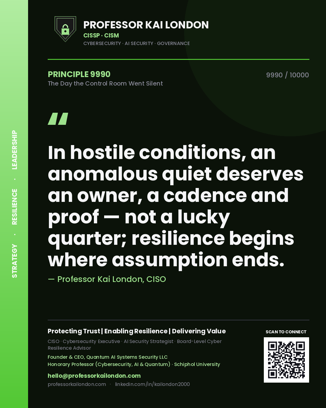 Quote card by Professor Kai London reading 'In hostile conditions, an anomalous quiet deserves an owner, a cadence and proof — not a lucky quarter; resilience begins where assumption ends.'. From the book The Day the Control Room Went Silent.