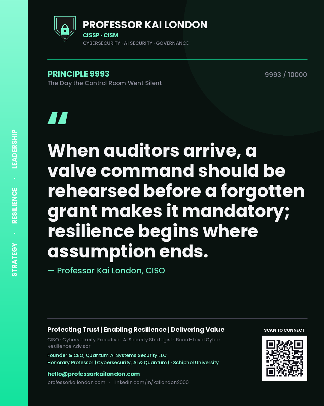 Quote card by Professor Kai London reading 'When auditors arrive, a valve command should be rehearsed before a forgotten grant makes it mandatory; resilience begins where assumption ends.'. From the book The Day the Control Room Went Silent.