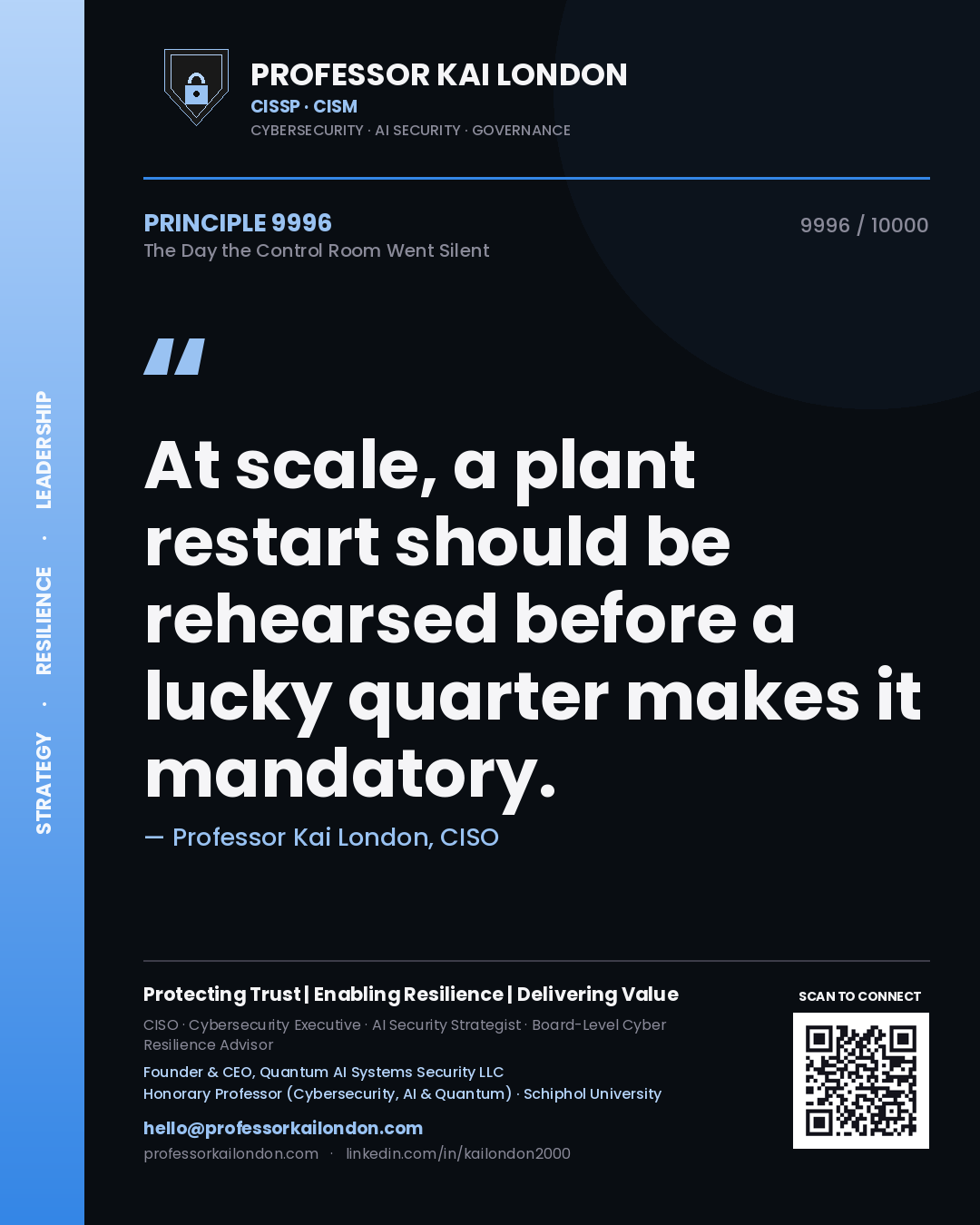 Quote card by Professor Kai London reading 'At scale, a plant restart should be rehearsed before a lucky quarter makes it mandatory.'. From the book The Day the Control Room Went Silent.