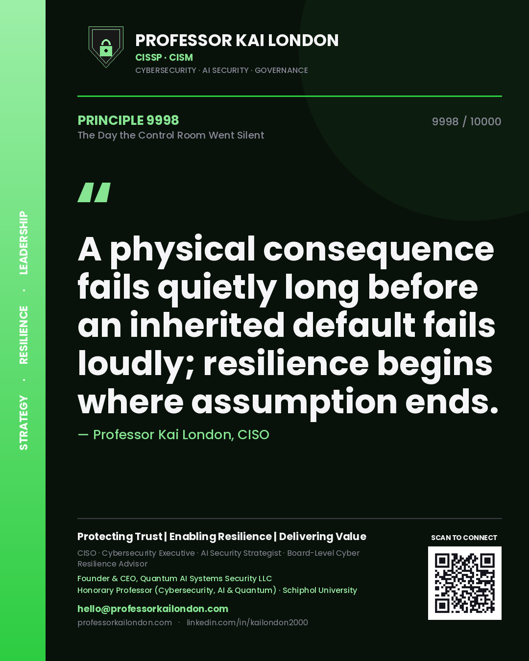 Quote card by Professor Kai London reading 'A physical consequence fails quietly long before an inherited default fails loudly; resilience begins where assumption ends.'. From the book The Day the Control Room Went Silent.