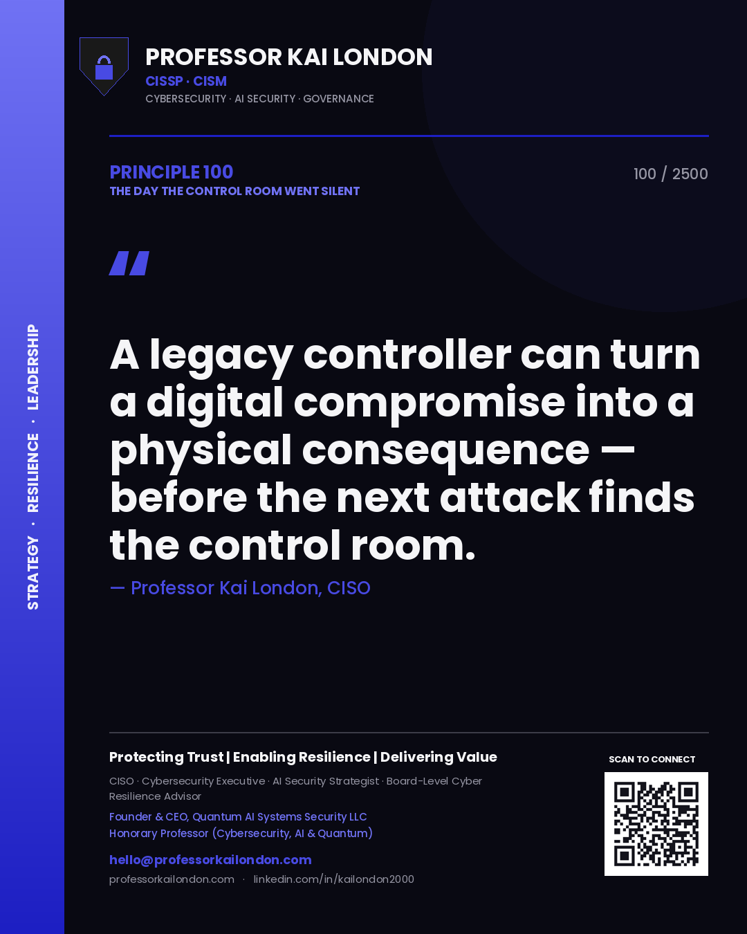 Professor Kai London principle 100: A legacy controller can turn a digital compromise into a physical consequence — before the next attack finds the control room.