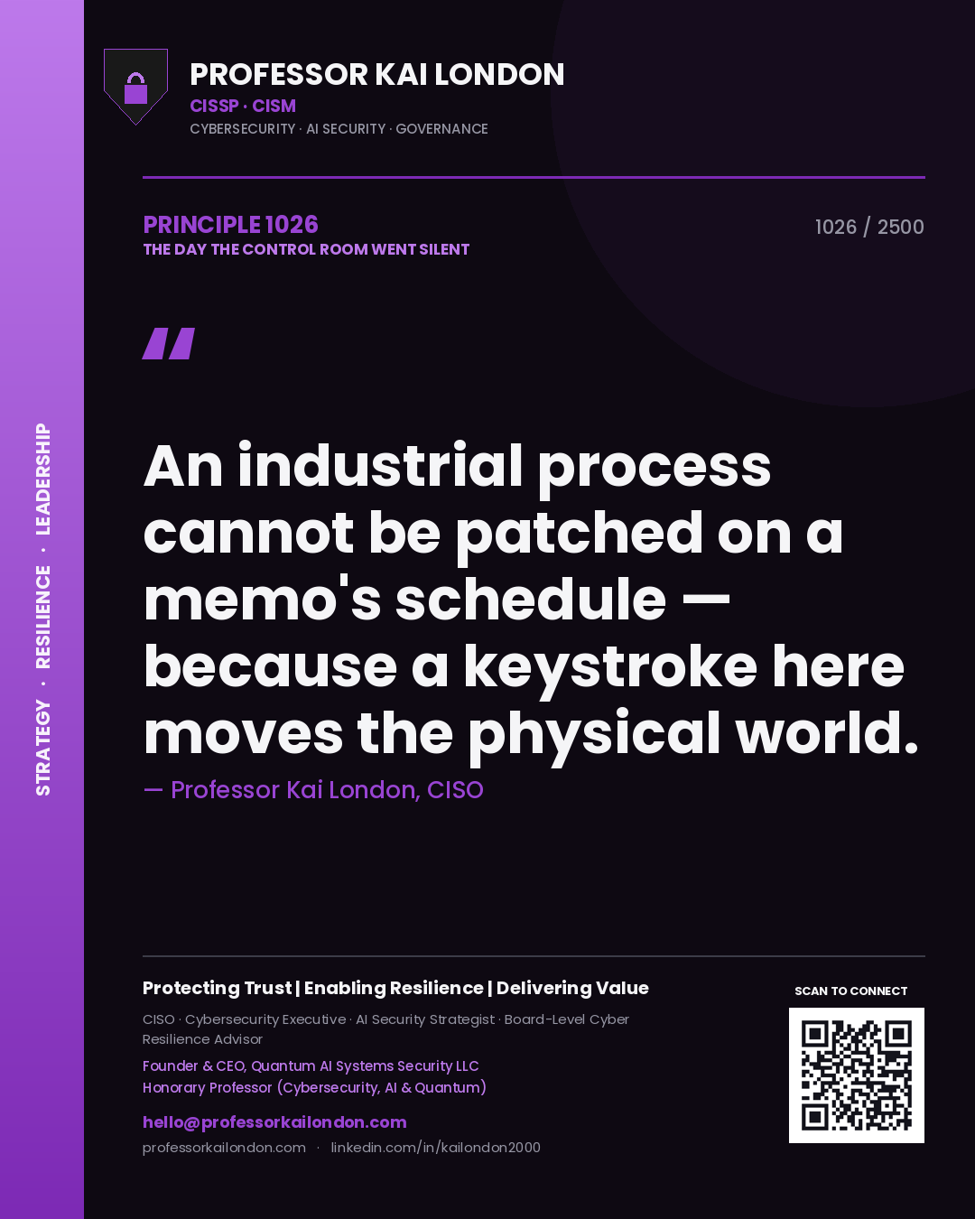 Professor Kai London principle 1026: An industrial process cannot be patched on a memo's schedule — because a keystroke here moves the physical world.