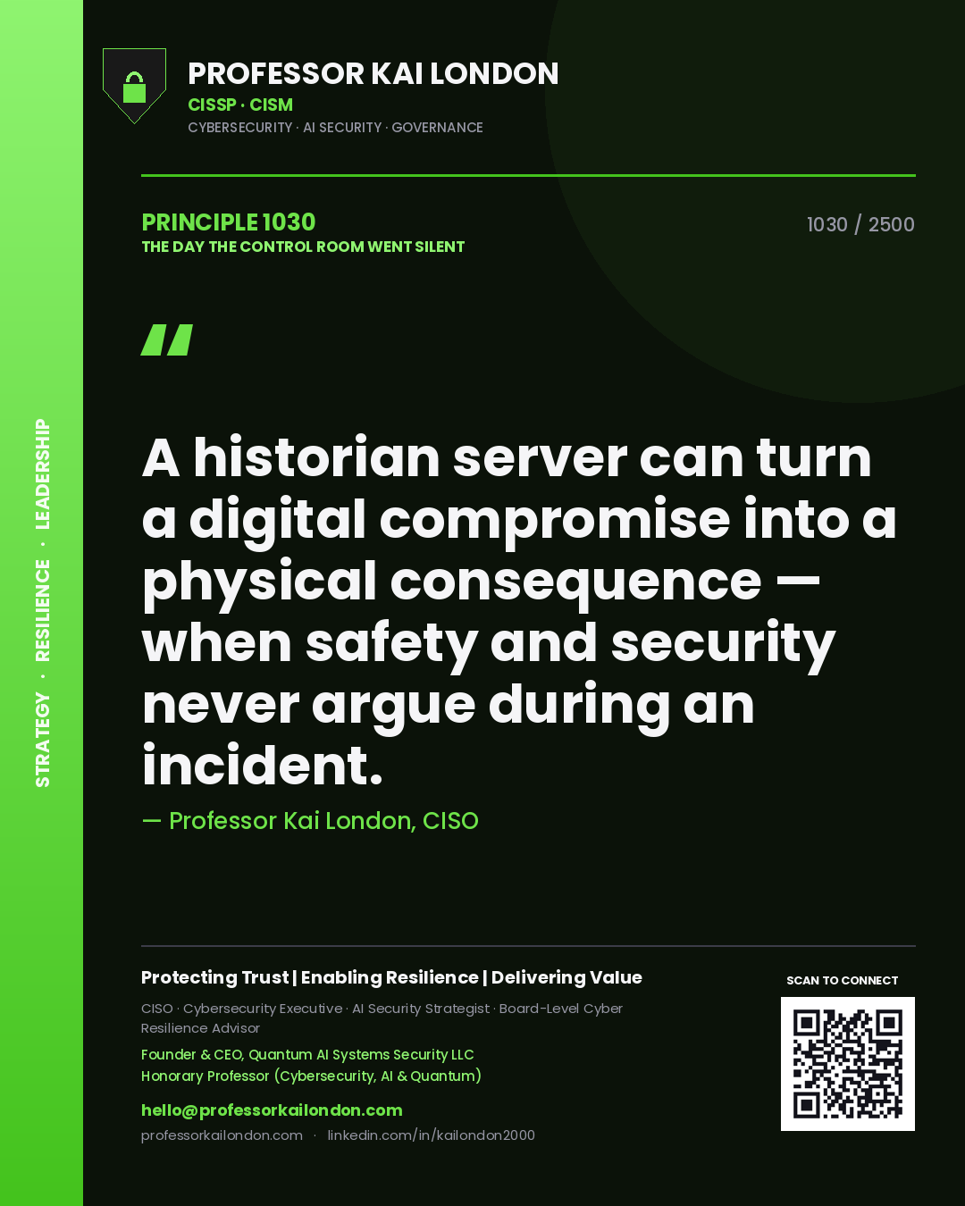 Professor Kai London principle 1030: A historian server can turn a digital compromise into a physical consequence — when safety and security never argue during an incident.