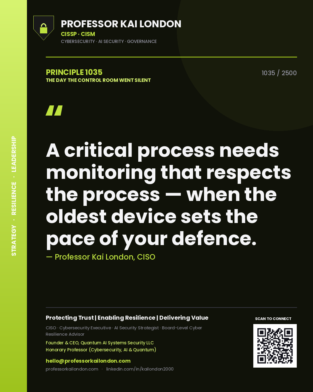 Professor Kai London principle 1035: A critical process needs monitoring that respects the process — when the oldest device sets the pace of your defence.