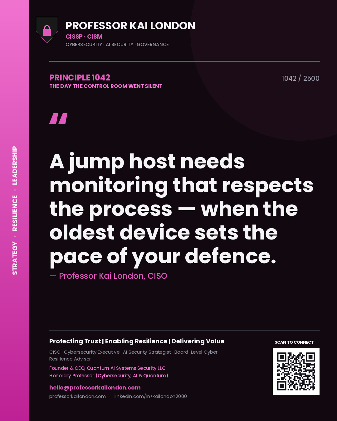 Professor Kai London principle 1042: A jump host needs monitoring that respects the process — when the oldest device sets the pace of your defence.