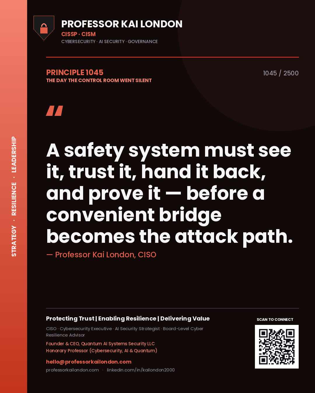 Professor Kai London principle 1045: A safety system must see it, trust it, hand it back, and prove it — before a convenient bridge becomes the attack path.