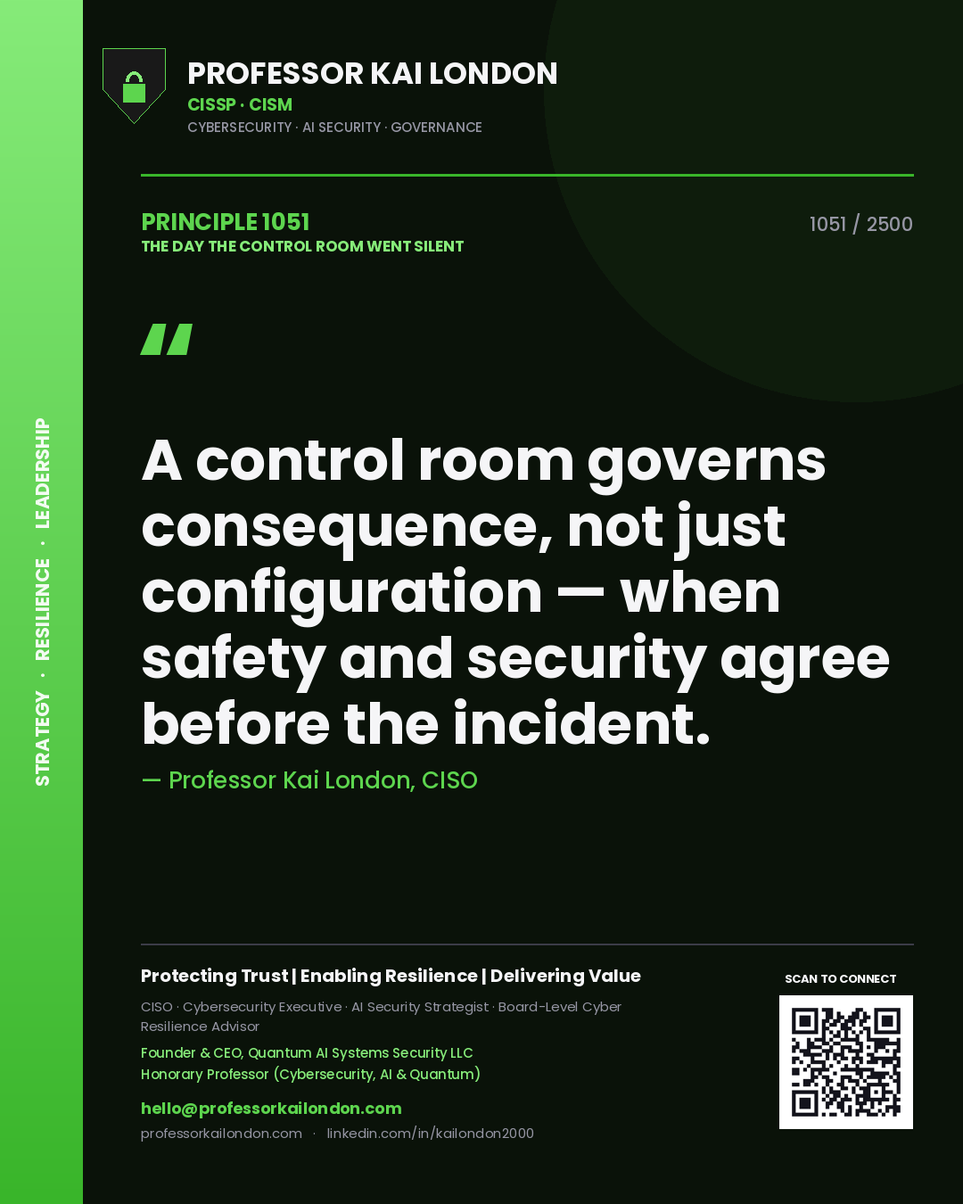 Professor Kai London principle 1051: A control room governs consequence, not just configuration — when safety and security agree before the incident.
