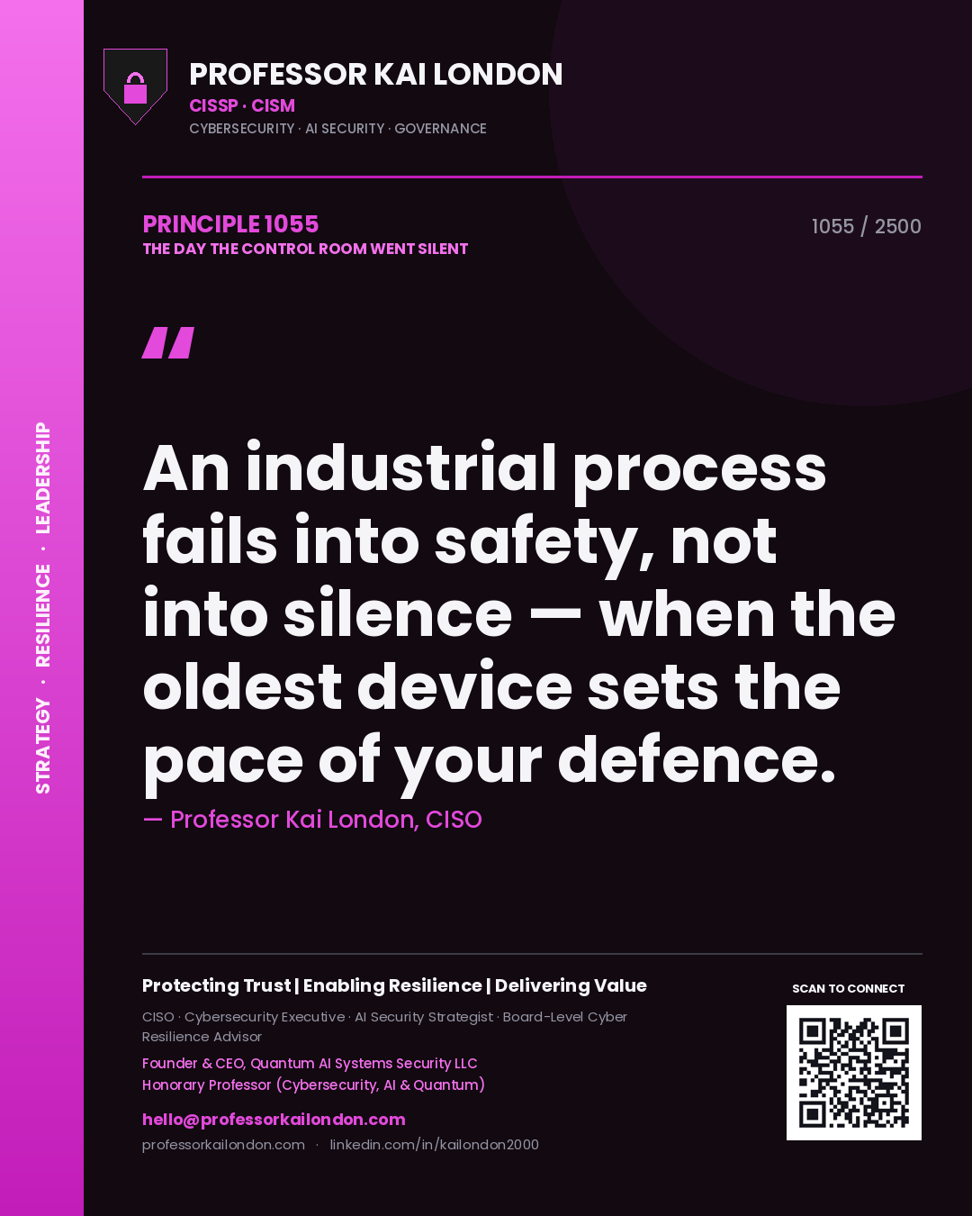Professor Kai London principle 1055: An industrial process fails into safety, not into silence — when the oldest device sets the pace of your defence.