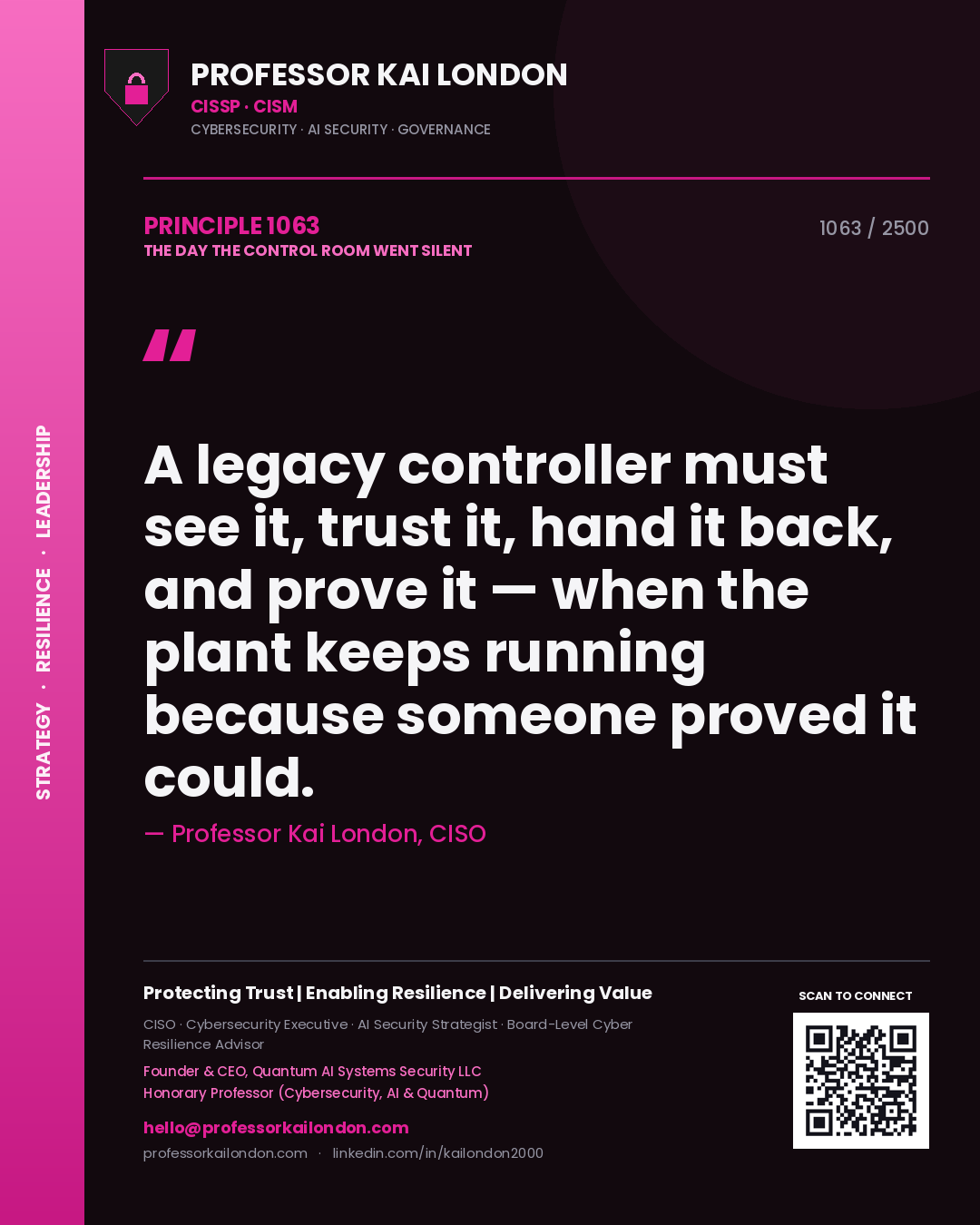 Professor Kai London principle 1063: A legacy controller must see it, trust it, hand it back, and prove it — when the plant keeps running because someone proved it could.