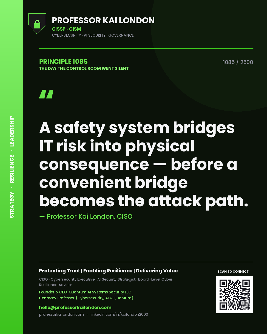 Professor Kai London principle 1085: A safety system bridges IT risk into physical consequence — before a convenient bridge becomes the attack path.