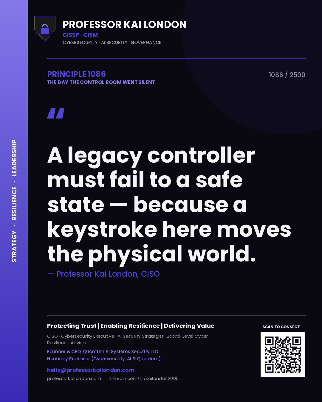Professor Kai London principle 1086: A legacy controller must fail to a safe state — because a keystroke here moves the physical world.